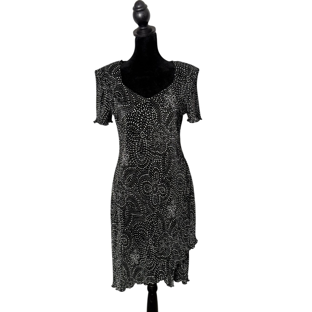 Connected Apparel Short Dress Size 6 Black Polka Dot Pleated Ruffle Hem Retro
